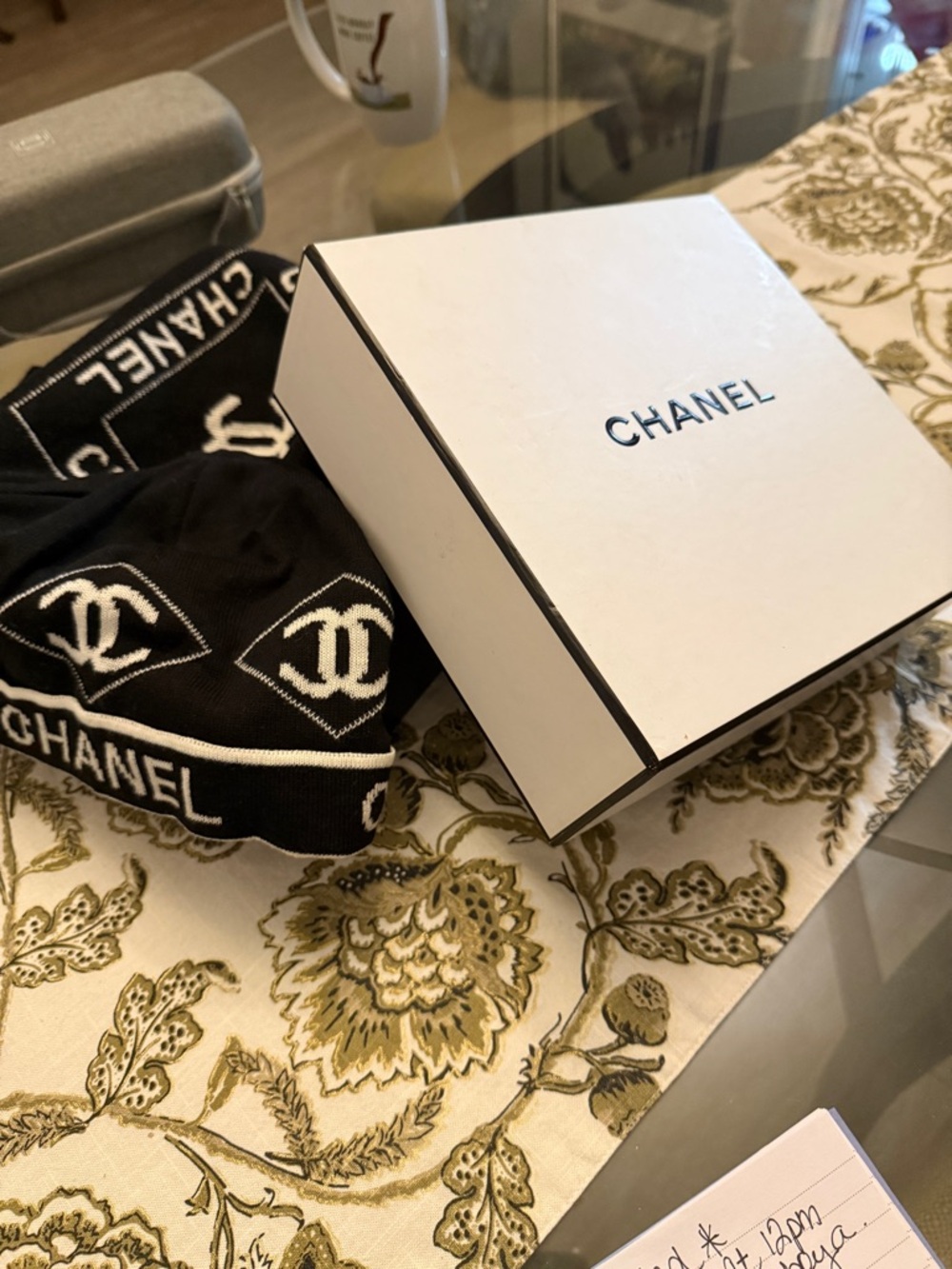 CHANEL Black and White Logo Knit Beanie